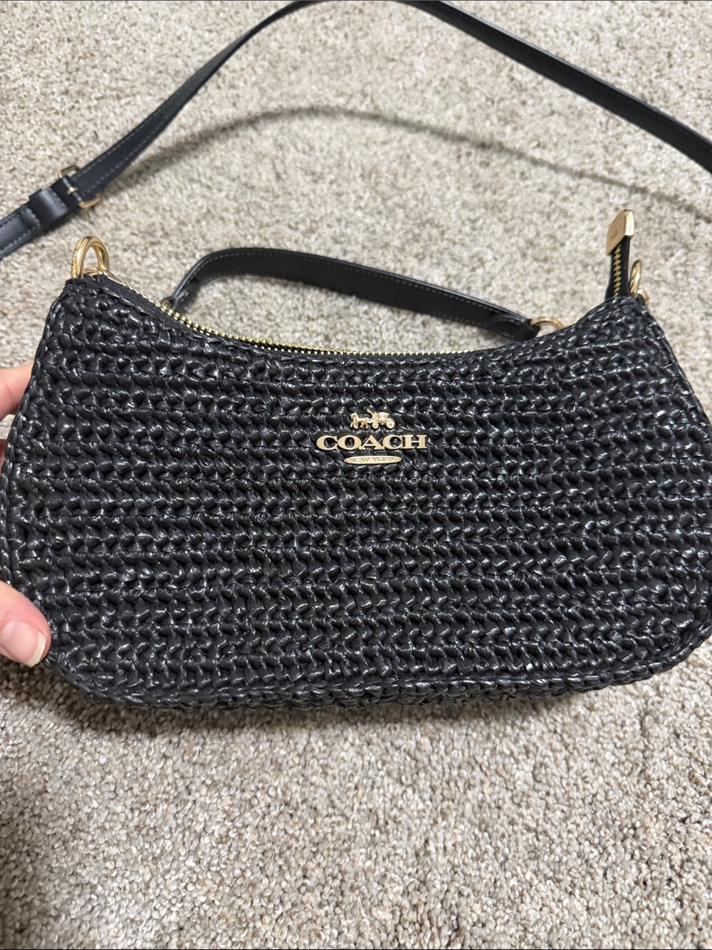 COACH Black Woven Leather Shoulder Bag with Gold Hardware